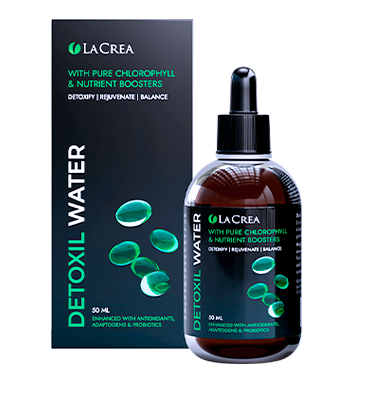 Sticla de Apa Detoxil marca LaCrea cu clorofila pura si nutrienti naturali.